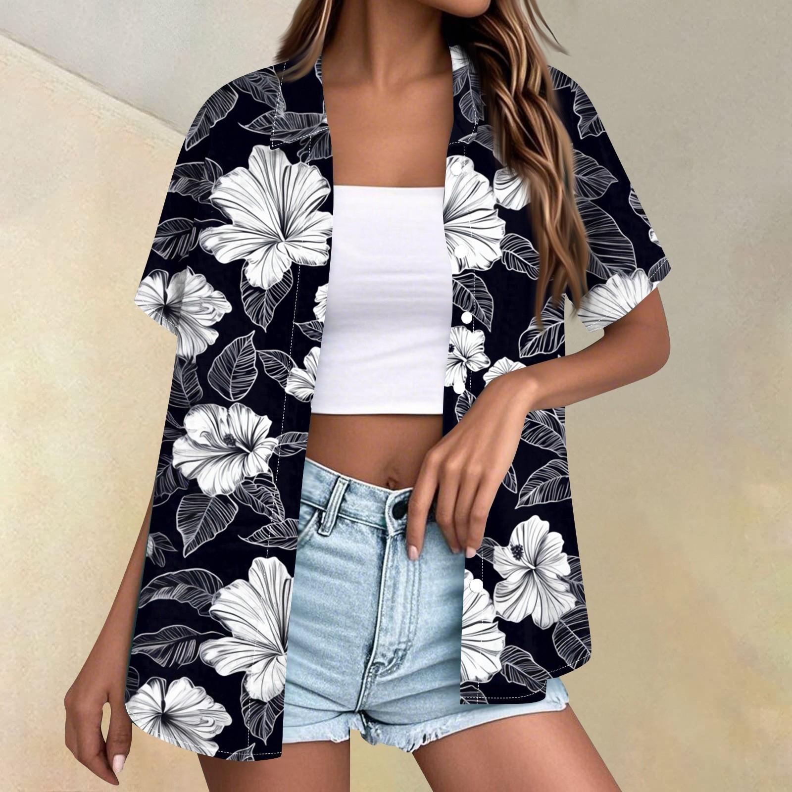 

Женская мода повседневная рубашка с коротким рукавом и лацканами на пуговицах M чёрный