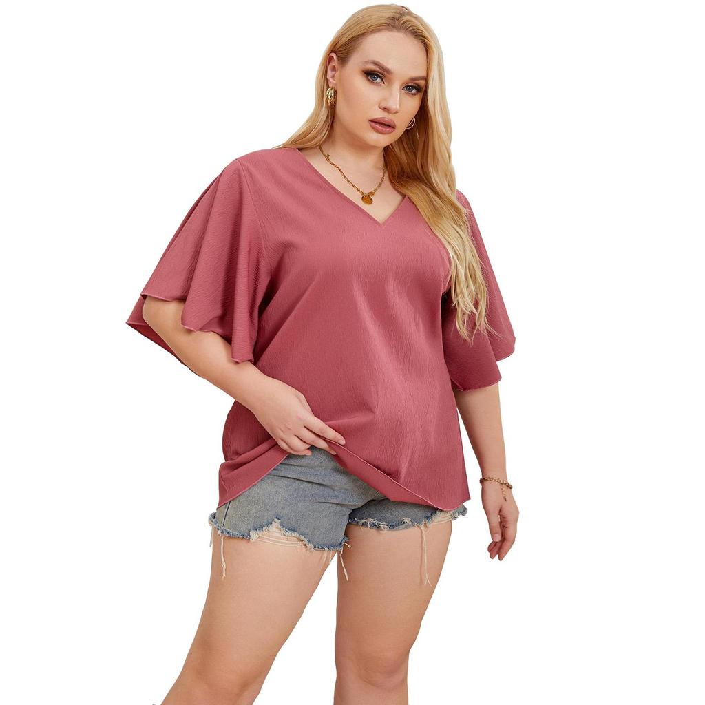 Women’s Oversized Tops Dolman Sleeves Loose Pullover Blouses Solid Color Plus Size V-neck Shirts Summer Casual Wear