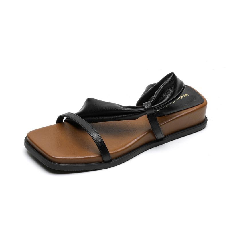 Women's Shoes with Thick-soled Square Toe, One-line Flip-flops, and Vintage Wedge Heel Sandals Worn Outside