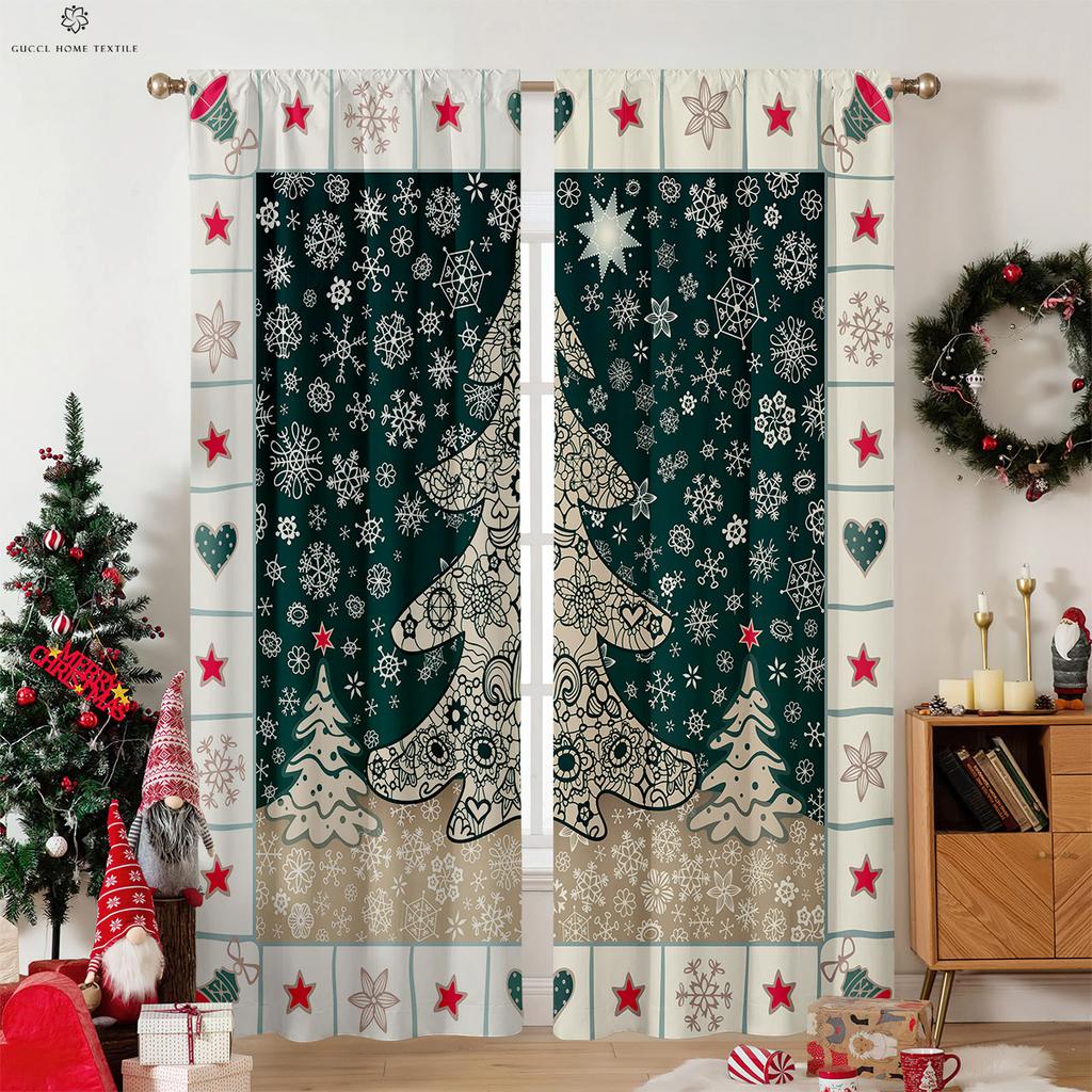 Perdele de Crăciun cu Imprimeu Fulg de Nea și Elan cu Aspect de Lemn, Perdele Decorative în Stil Retro Country pentru Dormitor, Living, 2 Buc.