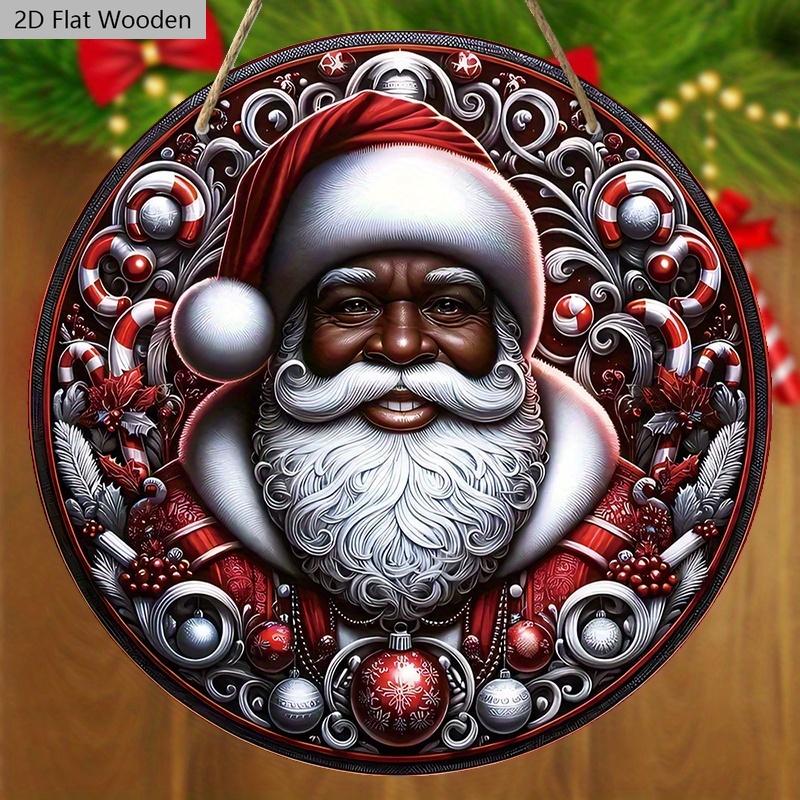 Black Santa Claus Wooden Sign - Navidad Round Sign for Yard Door Wall Hanging Decor - Ideal Christmas Decoration