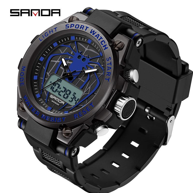 Sanda Men s Dual Display Spider Sports Watch - Waterproof, Luminous, Multi-Functional Electronic Timepiece