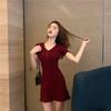 Korean Style Temperament V Neck Slim Short Sleeve Dress for Women Summer A Line Skirt Slimming Knitted Short Dress