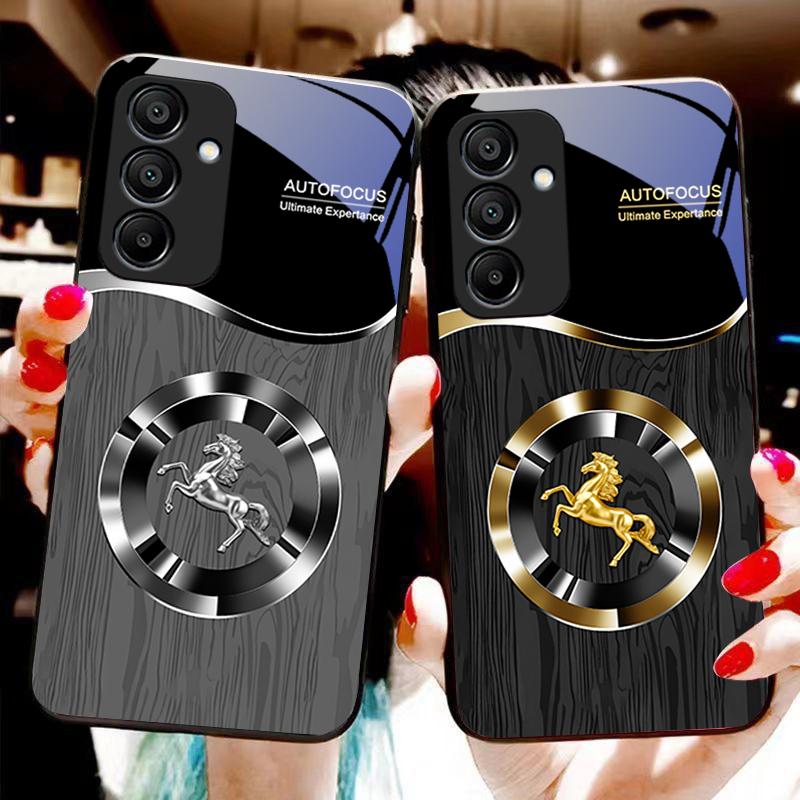 Holzmaserung Pferd Blau Für Samsung Galaxy A15 5G 54 4G 51 50 24 35 90 71 12 51 53 52S 80 22 34 Schwarz Gehärtetes Glas Handyhülle