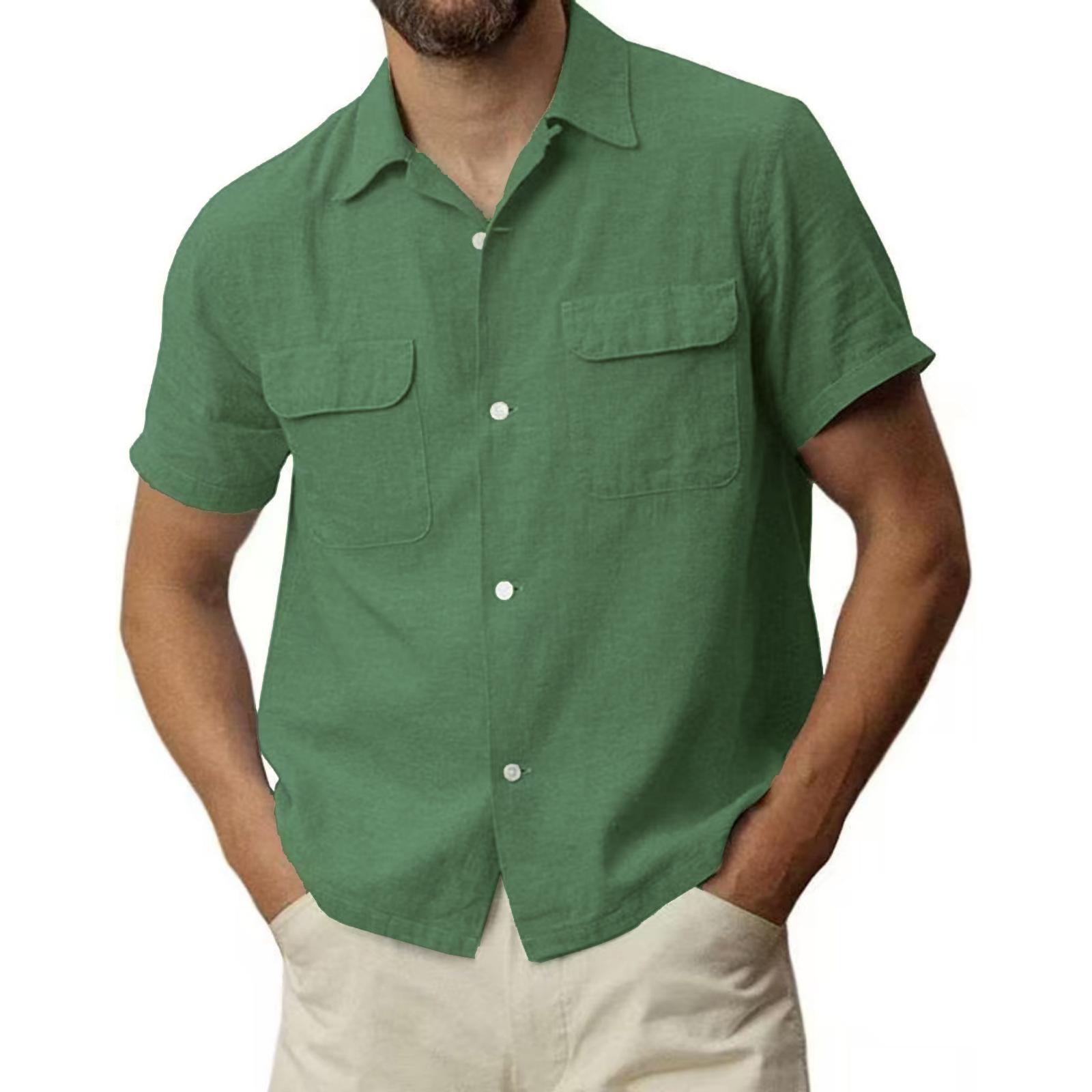 Мужская повседневная рубашка с коротким рукавом, на пуговицах, цветная, мужская хлопково-льняная рубашка с лацканами и карманом XXL