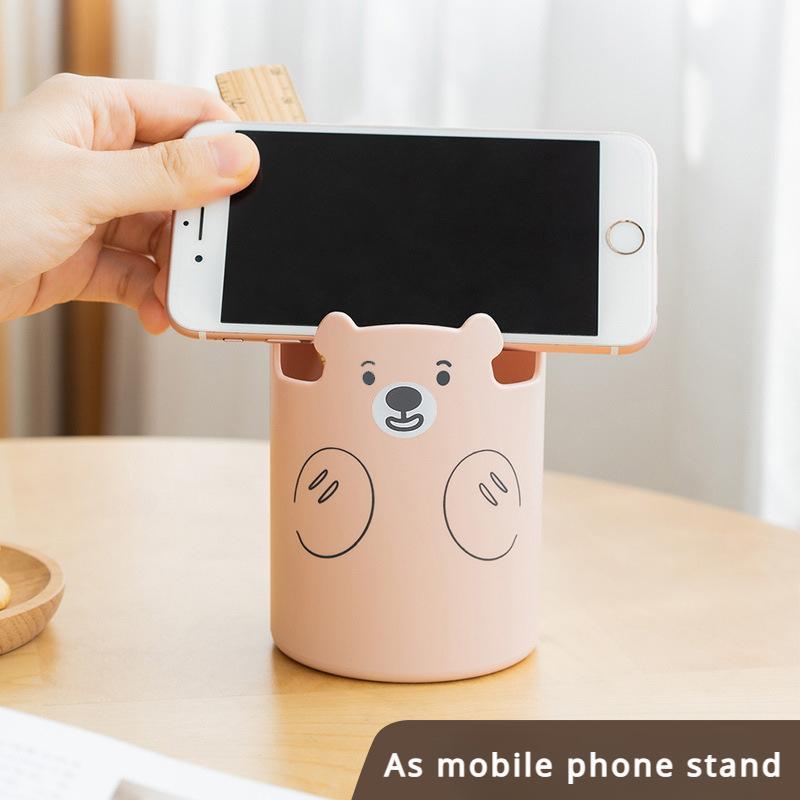 Cute Cartoon Bear Pen Holder Creative Mobile Phone Holder Makeup Brush Storage Bucket Office Desktop Accessories