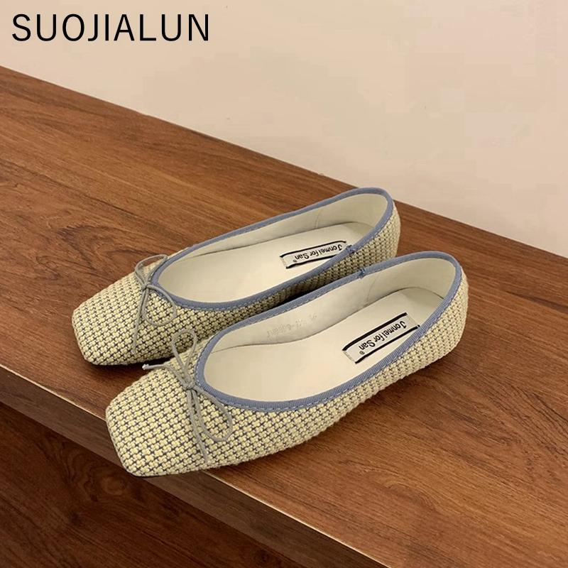Mode SUOJIALUN Printemps Nouvelles Chaussures Plates pour Femmes Mode Bout Rond Peu Profondes Slip On Ballerines Talon Plat Souple Extérieur Robe Ballerines