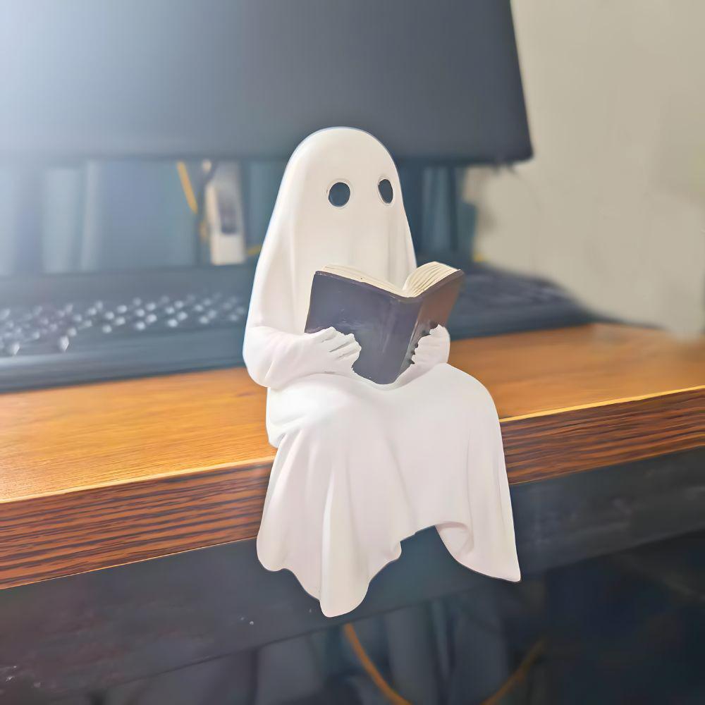 Halloween Ghost Figurine, Ghost Reading Statue Resin Sitting Ghosts Figurine