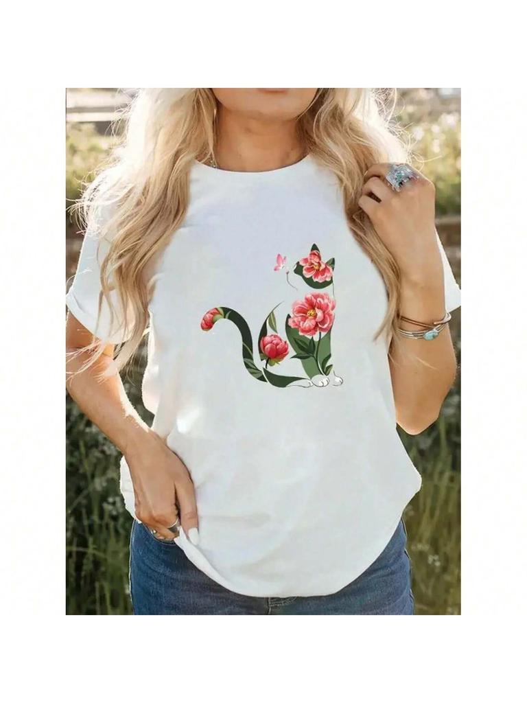 Tee Print Wounisex Summer Cartoon Shirt Female Cat Floral Short Sleeve T Top T-Shirts Graphic Fashion Clothing