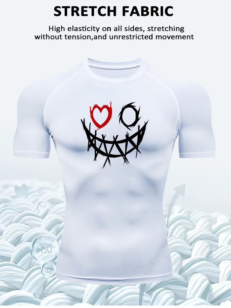 Men's White Evil Smile Print Compression T-Shirt, Quick Dry Breathable Workout Top
