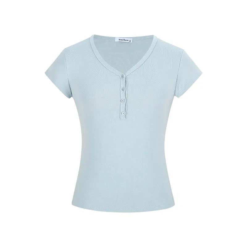 Women's V Neck Henley T-shirt Ribbed Knit Short Sleeve Slim Fit Solid Color Casual Daily Top