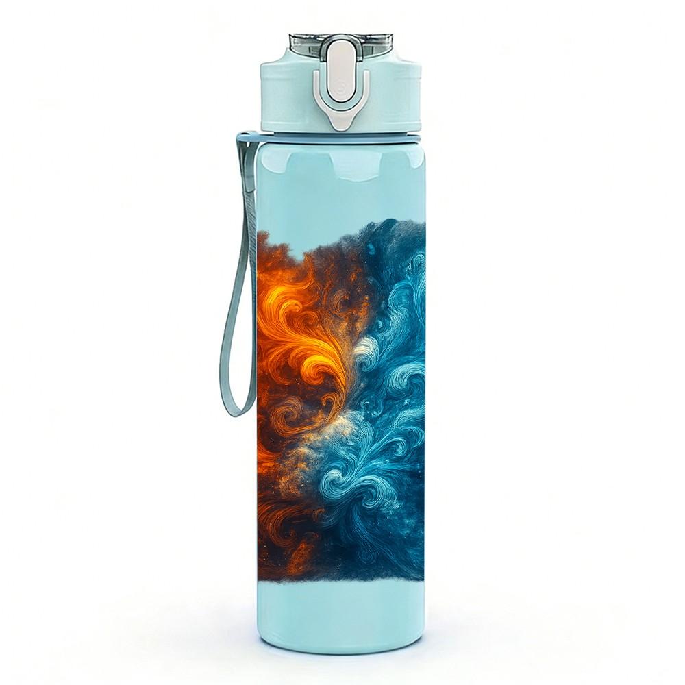 1PC Orange Blue Fire Swirl Texture Print 750ml Color Plastic Sports Water Bottle Leakproof Flip Straw Lid Suitable for Sports Office Home Use