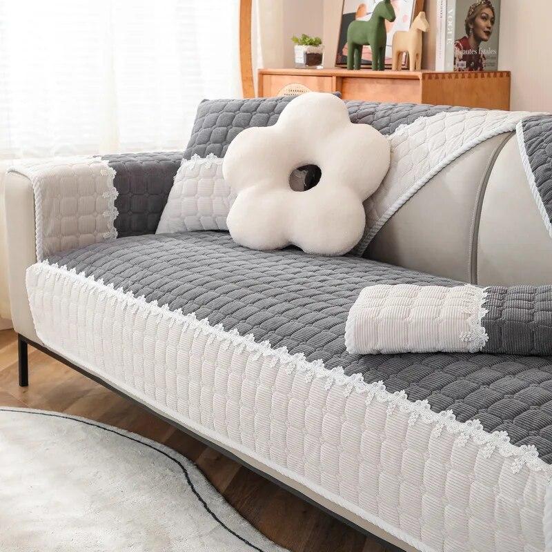 

Мягкий бархатный секционный чехол для дивана с кружевным дизайном, зимнее короткое плюшевое стеганое полотенце для дивана, противоскользящие чехлы для диванов для гостиной 70x70cm 1pc