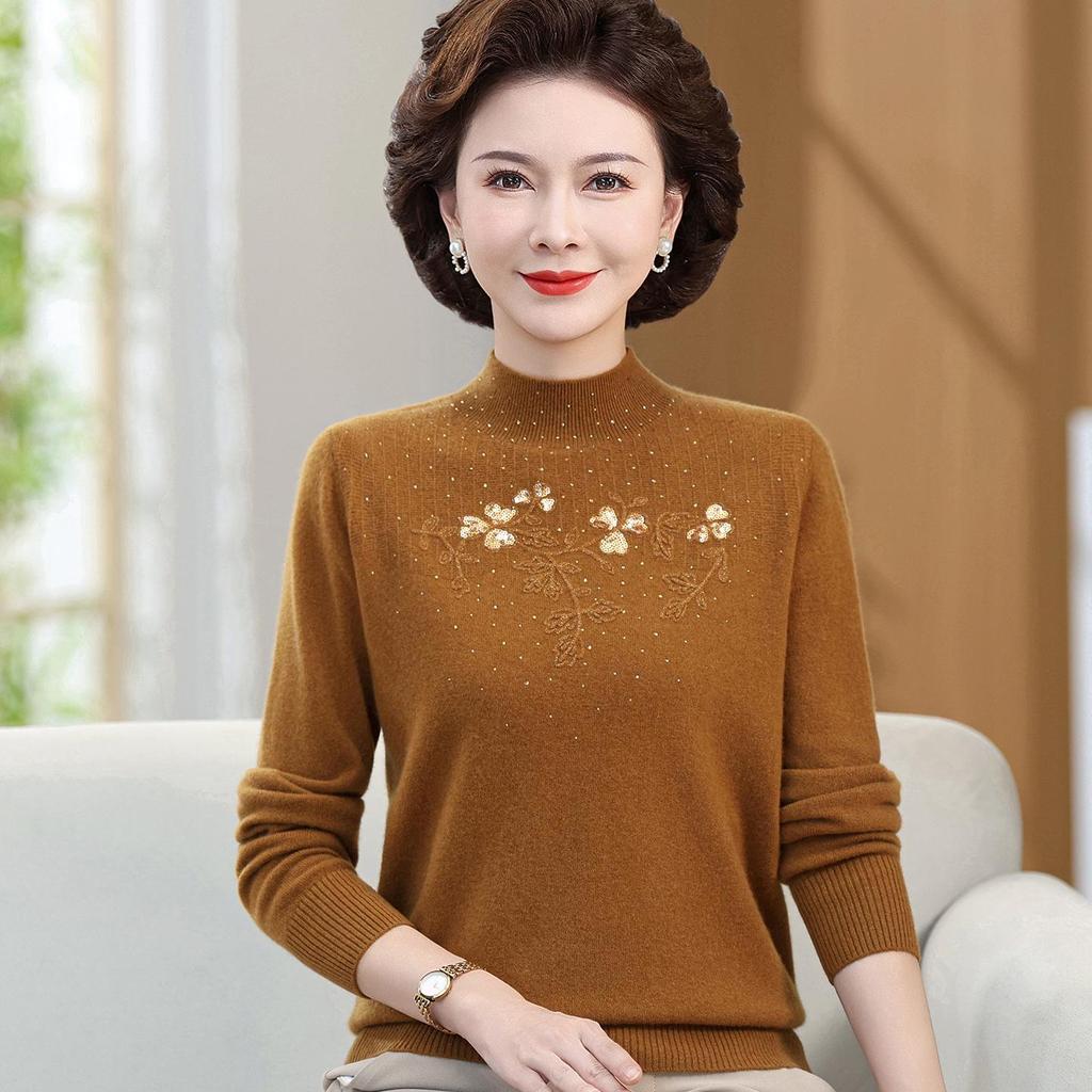 Mom's Wool Cardigan: Women's Fashionable Cashmere Blend Semi-High Neck Knitted Sweater for Autumn/Winter