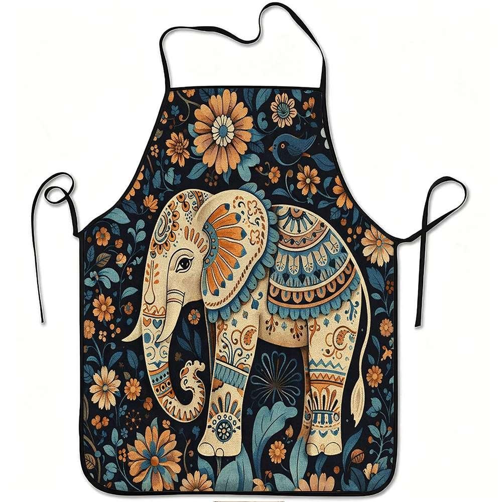 1pc Floral Elephant Apron - Adjustable Belt, Durable And Easy-To-Clean Polyester Material, Printed with Cute Elephant And Flower