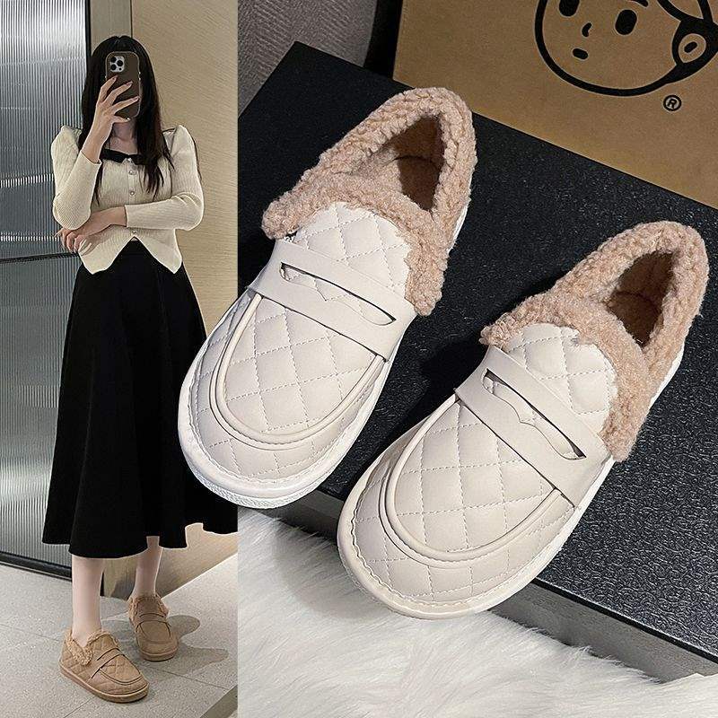Doudou Shoes Women's 2025 Winter New One-pedal Loafers Velvet Single Shoes Bread Cotton Shoes Platform Fluffy Shoes Women