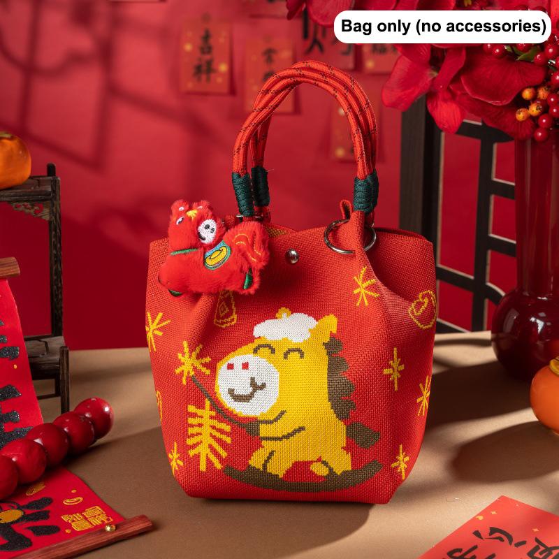 New 2026 Horse Year Cartoon Mascot Pony Knitted Bucket Bag For Women Fashion Large Capacity Portable Handbag New Year Gift