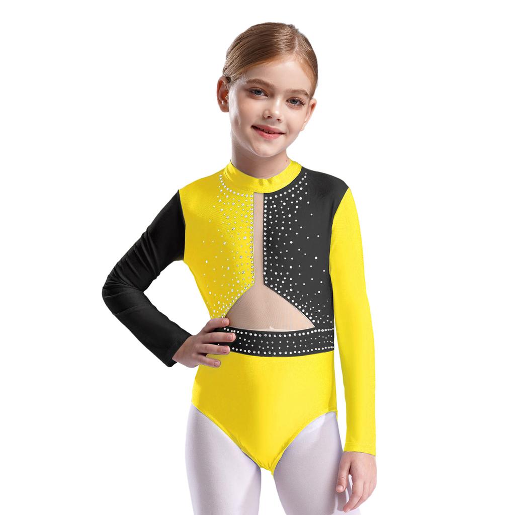 Mädchen Turnanzug Langarm Schlüsselloch Rücken Farbblock Patchwork Funkelnde Strasssteine Body für Tanzwettbewerb