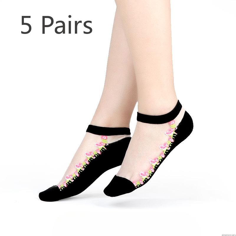 5 Pairs of Women's Summer Embroidered Non Slip Cotton Bottom Glass Silk Socks