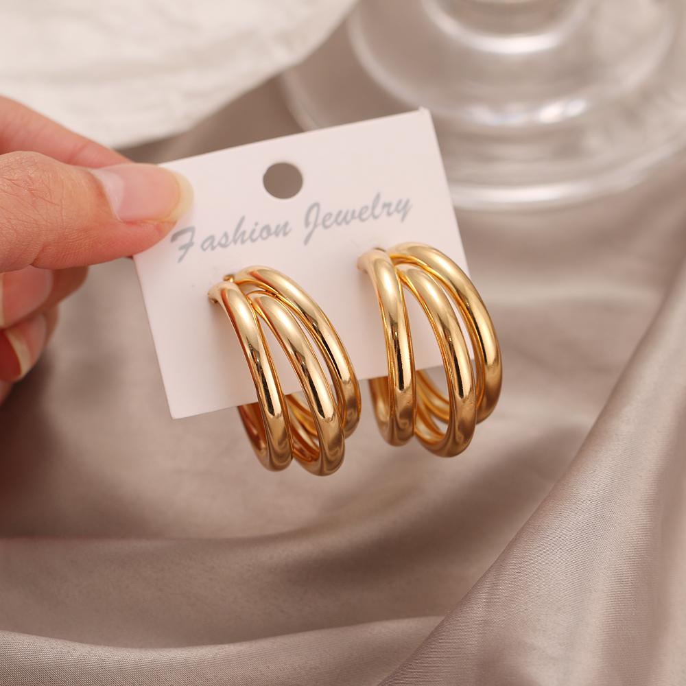 KAVNAR Hoop Earrings Minimalist 14K Gold Plated Triple Layer Open C-Shaped Hoop Stud Earrings for Women Daily Stack Casual