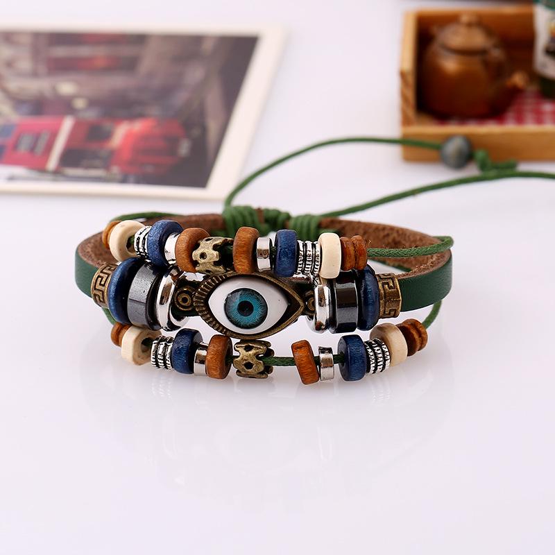 1pcs Couple Pull Adjustable Bracelet, Beaded Eye Leather Bracelet, Cowhide Handmade Jewelry