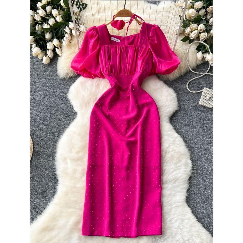 Socialite Elegant Elegance Dress Women's Fancy Mesh Puff Sleeves Patchwork Waist-Slimming Slim Fit Rhinestone Sheath Dress