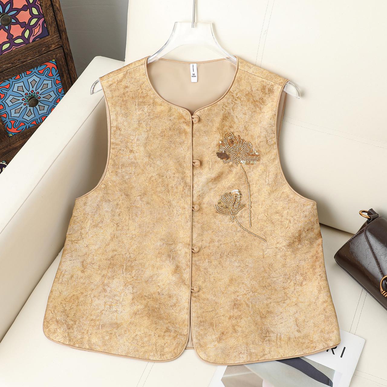 

2026 Spring-Autumn Women s Embroidered Sequin Cape Vest: Round Neck Sleeveless Outerwear for Middle-Aged and Elderly XL (90-105) жовтий