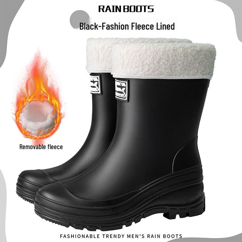 Women's Waterproof Velvet-Lined Mid-Calf Rain Boots: Drawstring, Wear-Resistant, Non-Slip Rubber for Cross-Border Fashion