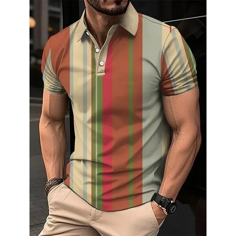 3D Printed Striped Color Block Men's Polo Shirt Colorful Pattern T-shirt Summer Loose Street Lapel Top Button Short-sleeved