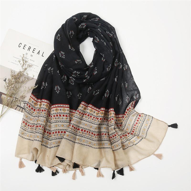 Women Autumn Spain Lovely Polka Floral Tassel Viscose Shawl High Quality Print Wrap Pashmina Stole Bufandas Muslim Hijab Snood