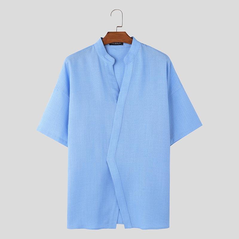 INCERUN Tricou de vară pentru bărbați, cu guler în V, mânecă scurtă, încrucișat în față, casual, semi-transparent, topuri 