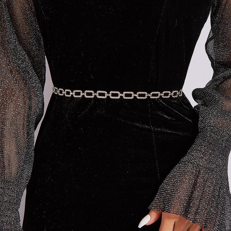 New Fashion Women'S Rhinestone Belt Metal Slim Waist Chain High Quality Versatile Dress Accessories Trendy Belt Bright Bride Bling Waist Chain Belt