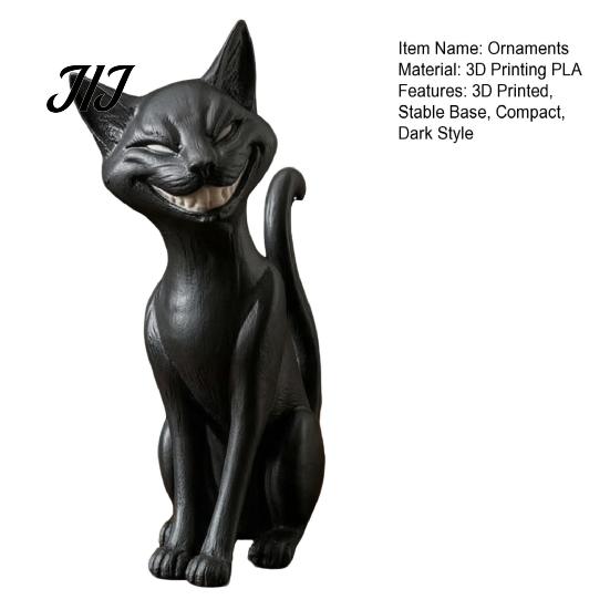 Kleine Katzen-Bastelarbeiten für Regale 3D-gedruckte grinsende schwarze Statue, sitzende Figur, dunkle Figurenstil-Skulptur, Halloween-Dekoration für Zuhause, Tisch
