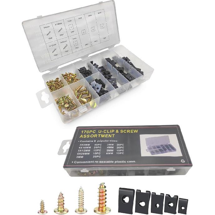Zlirfy 170Pcs U Nut Clips, 9 Different Sizes Automotive U Nut And Screw Clip,Metal Body Panel Clip Fasteners,Auto Car Clips Fasteners Screws Set
