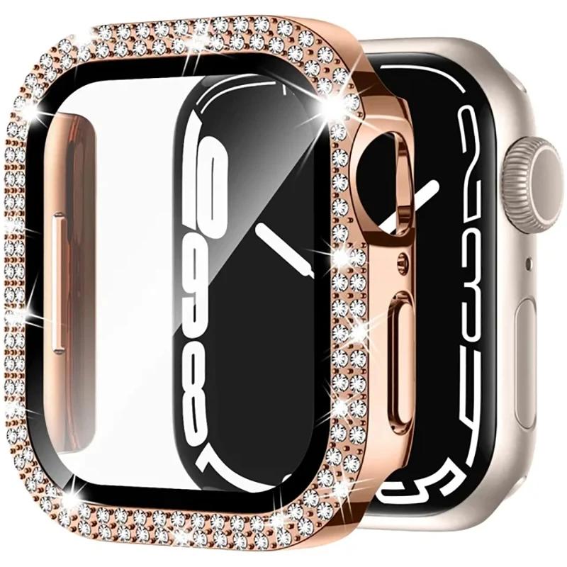 

Стеклянный+Алмазный Чехол для корпуса Apple watch 40мм 44мм 41мм 45мм 38мм 42мм Блестящий Бампер Защита для iWatch series 9 3 5 6 7 8 se 45mm розового золота
