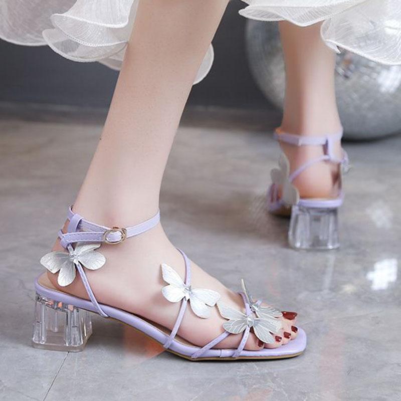 WTEMPO Temperament Ankel Snøresandaler Sommerfugl Gjennomsiktig Hæl Firkantet Tå Elegant Eventyrstil Allsidig Søte Høye Hæler Dropshipping Engros