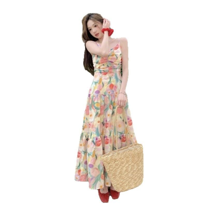 Seaside Vacation Dopamine Floral Dress with a Unique Design, a Stunning and Stunning Fairy-like French Spaghetti Strap Long Dress