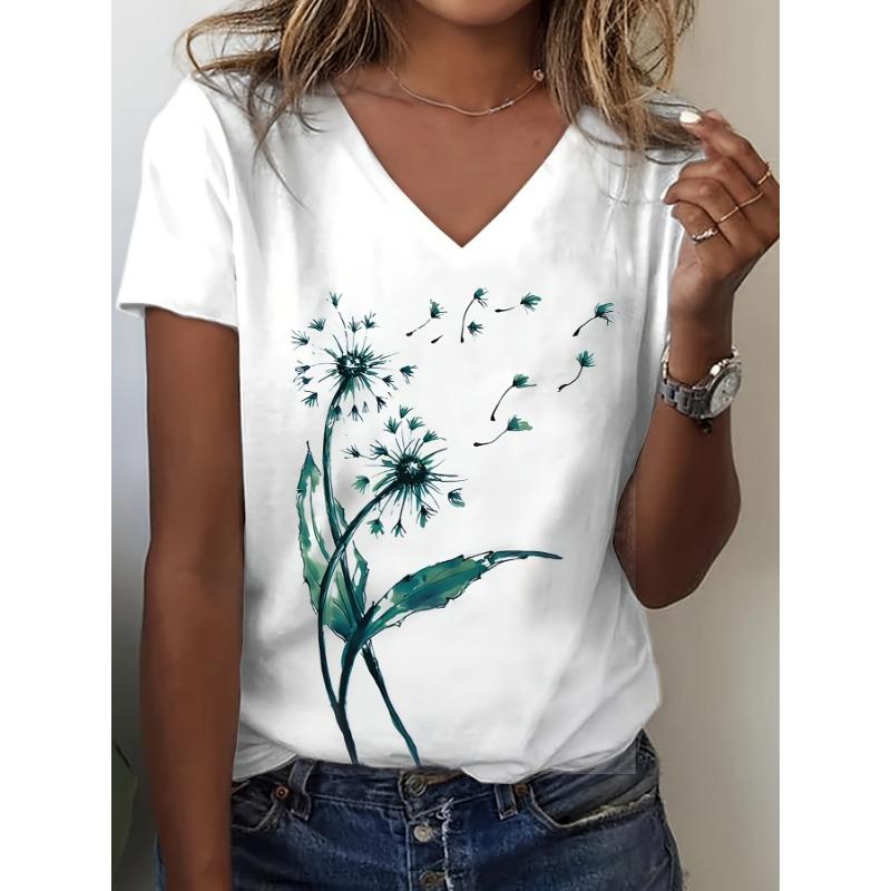 

Футболка с V-образным вырезом и принтом в виде яркого одуванчика 3D — классическая посадка, короткий рукав, повседневный стиль, женские футболки 5XL