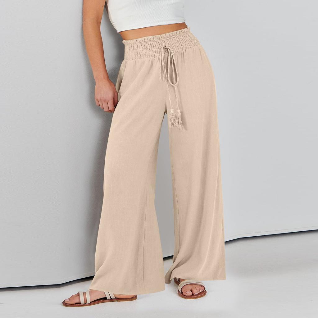 Women's Casual Fashion Colour Cotton Linen Casual Pants Wide Leg Trousers Sweatpants With Pockets