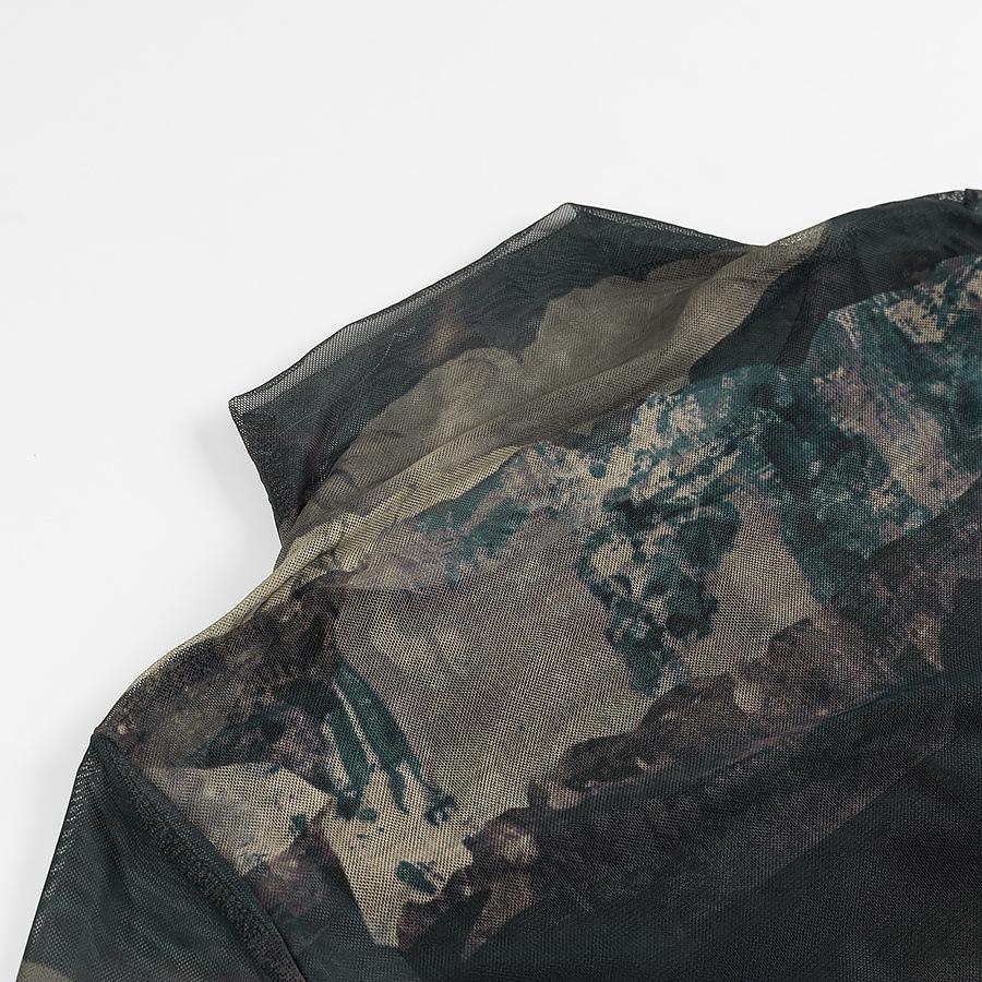 Spring Women's Floral Mesh Crew Neck Long Sleeve Slim Dress