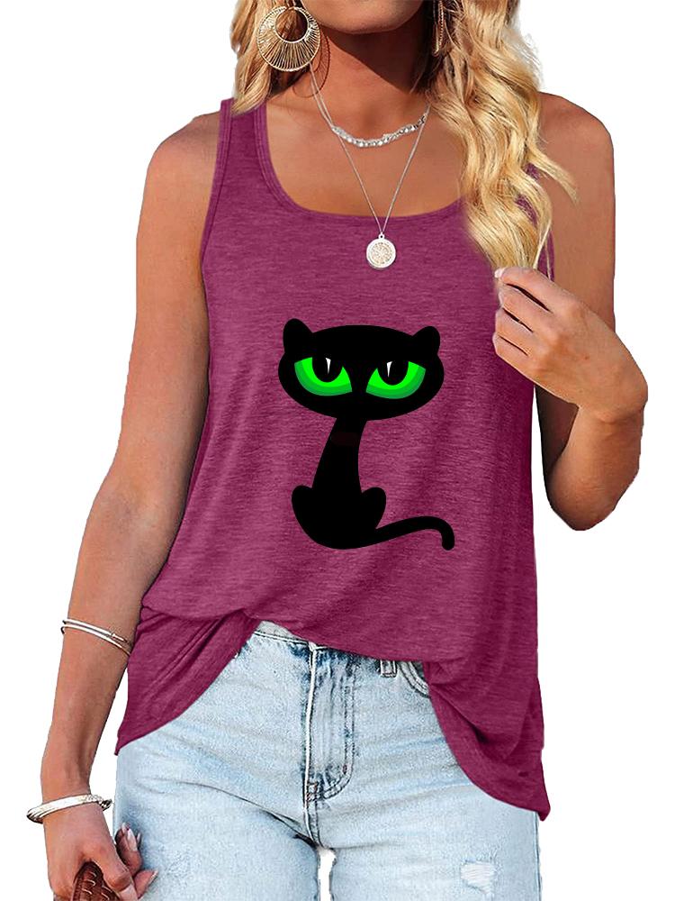 Women Fashion Round Neck Loose Tank Top Summer Casual Printed Sleeveless Shirt