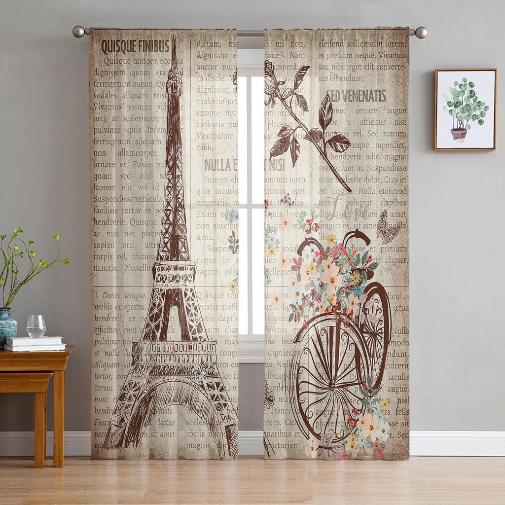 Red High Heels Eiffel Tower Butterfly Tulle Curtains for Bedroom Modern Voile Curtains Home Decoration Window Curtains