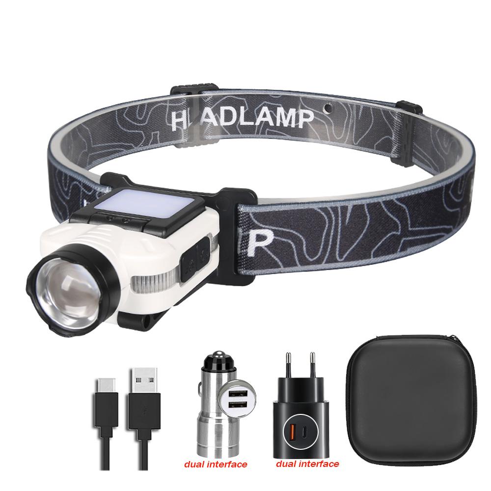 Inductive COB Headlamp,Portable Zoom Headlight,5 Modes Head Lamp, USB Rechargeable Working Flashlight Fishing Running Climbing