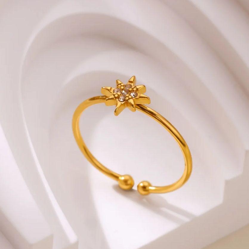 Zircon Sun Rings For Women 18K Gold Plated Stainless Steel Crystal Sun Opening Ring Weeding Christmas Jewelry Gift