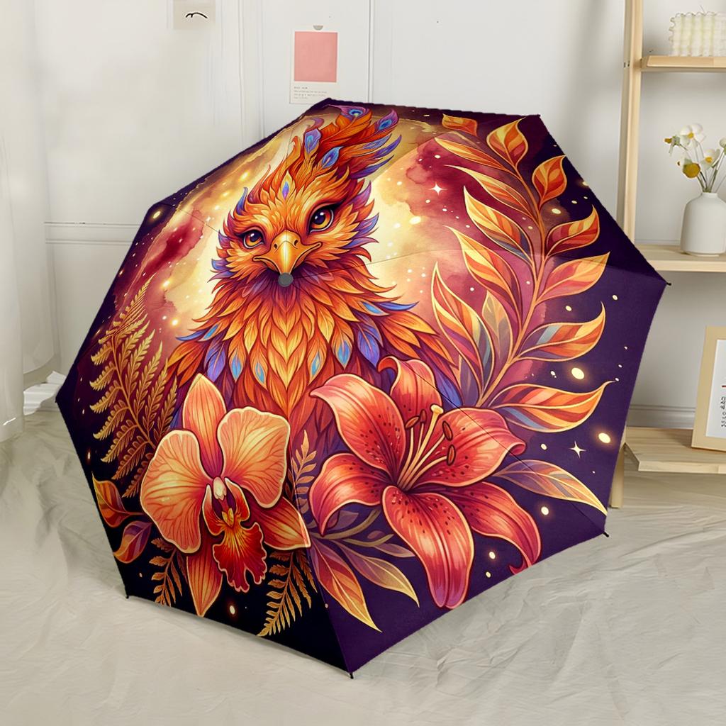 Phoenix Rising Artwork Compact Travel Automatic Umbrella Retractable Design with 8 Rib Durability Durable Plastic Iron All Season Use