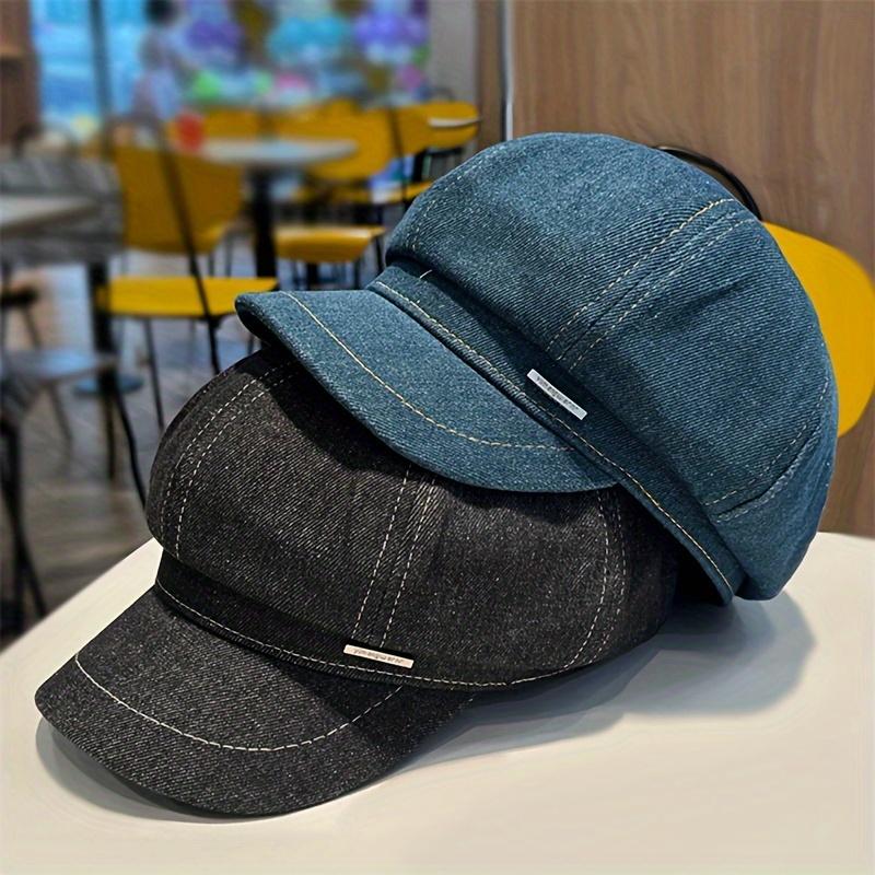 Women'S Denim Beret Hat with Metal Tag, Washed Distressed Design, Sun Protection, Inelastic, Stripe Craftsmanship, Versatile for Spring & Fall Outings