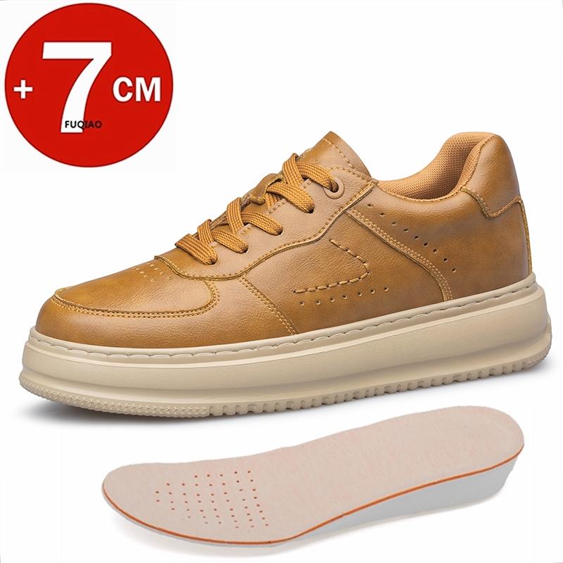Men's Casual Leather Chunky Elevator Sneakers 7cm Height Increasing Shoes Breathable Comfortable Thick Soled Lift Sports
