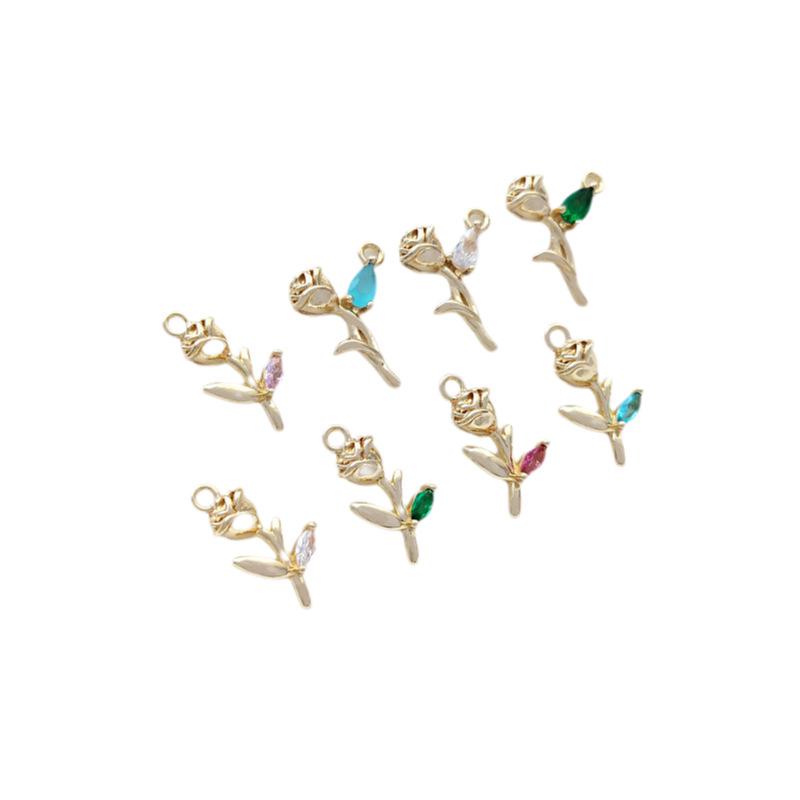 14K Gold-Filled Zircon Rose Pendant: Handmade Branch & Leaf Charm for DIY Jewelry