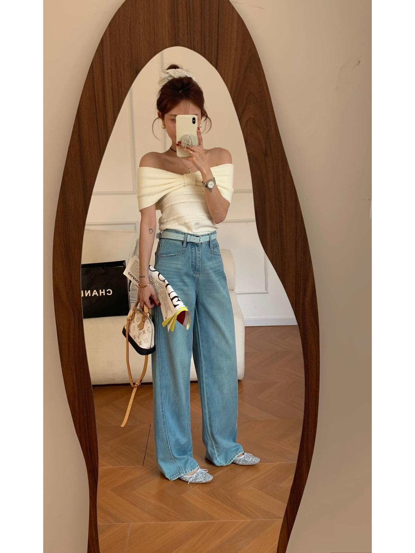 

Весеннее поступление Джинсы европейского стиля с облегающим бедра широким кроем и боковым дизайном «рыбья кость» 26 светло-синий