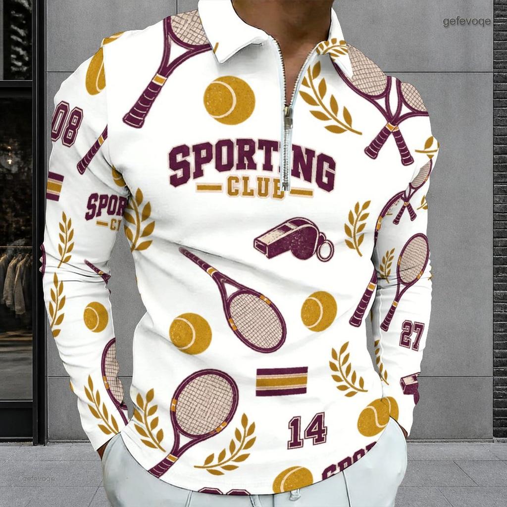 Men s Plus Size White Printed Long Sleeve Quarter Zip Collared Polo Shirt